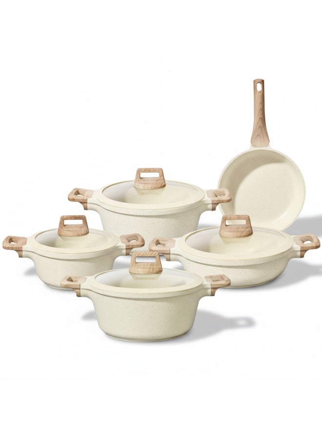 توب شيف طقم أدوات طهي وقدور ومقالي مطلية بالجرانيت بأسطح مانعة للالتصاق ومقابض خشبية وأغطية من الزجاج مزودة بالسيليكون المقوى وخالية من حمض بيرفلورو الأوكتانويك مكون من 10 قطع - لون بيج - Image 1